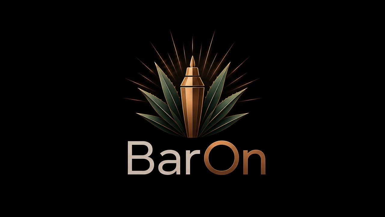 Logotipo de BarOn: maguey de cobre y verde con una coctelera al centro